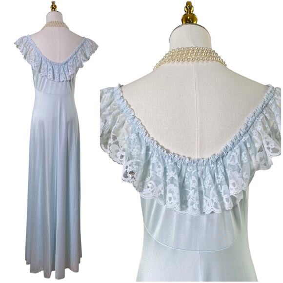 Vintage 60s Shadowline Pastel Blue Nylon Chiffon Lacy Maxi Peignoir Set Size M - Picture 4 of 13